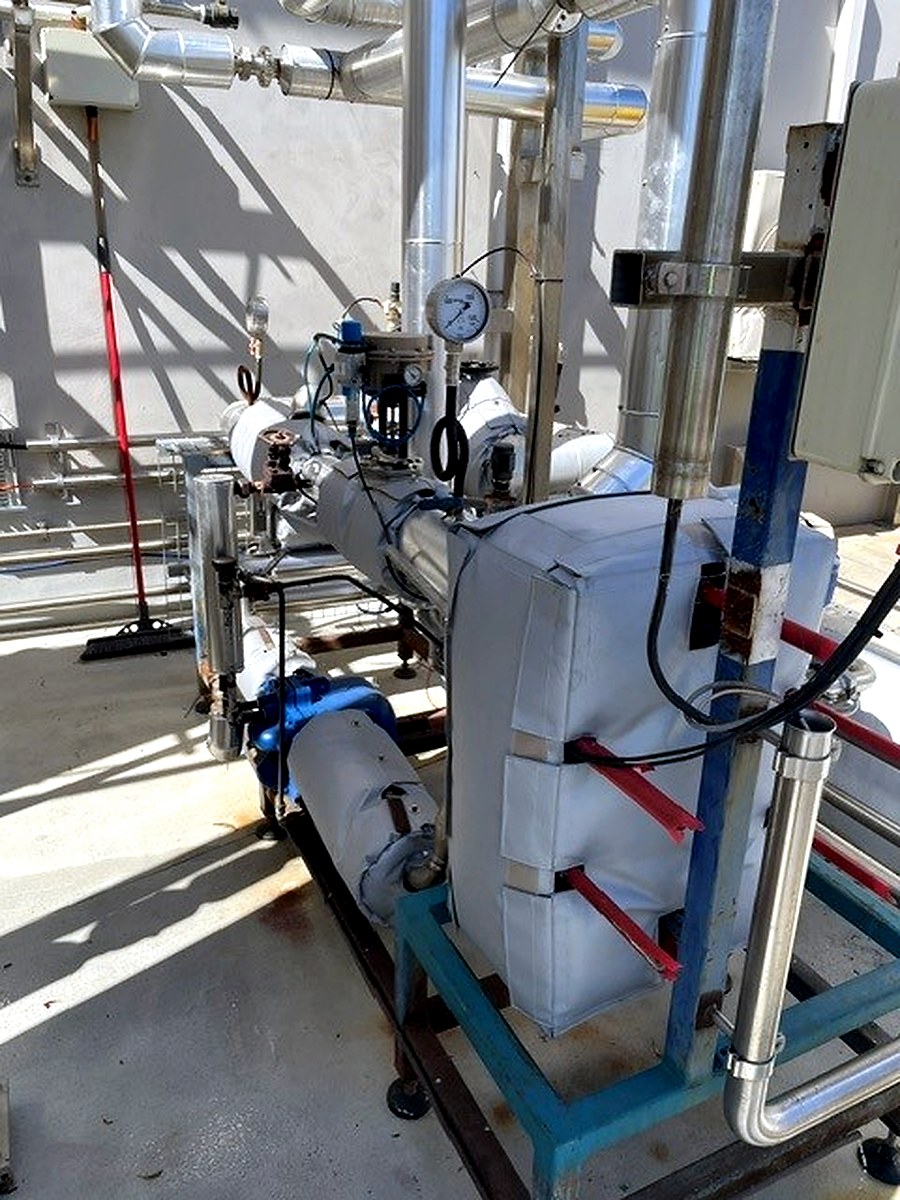 Thermal jackets fitted to outdoor plant equipment including pump and associated pipework on a rooftop